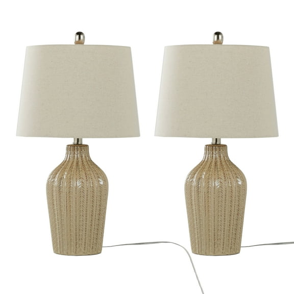 Newest 24" Contemporary 2-Piece Ceramic Table Lamp Set, Cuban Sand with Chevron Pattern & Natural Linen Shade