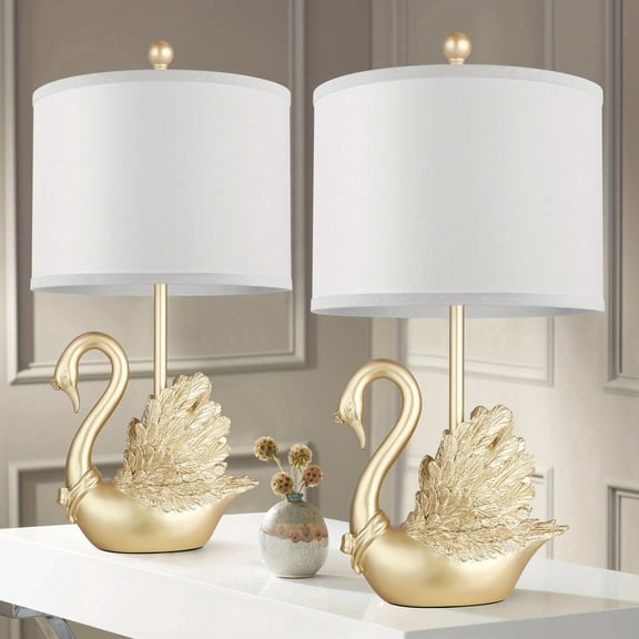 Newest 24 Modern 2-Piece Golden Brass Swan Table Lamp Set with Included LED Bulbs for Bedroom & Living Room