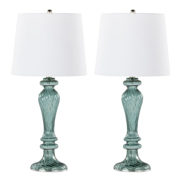 Newest 26" Contemporary 2-Piece Glass Table Lamp Set, Clear Turquoise Fluted Glass with Polished Nickel & Off-White Linen Shade
