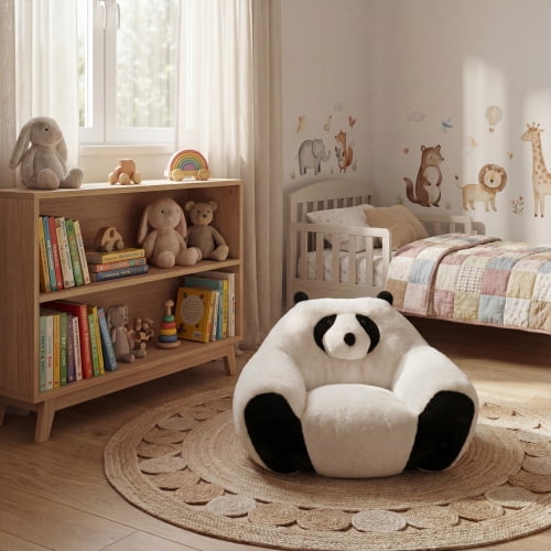 Newest 29.65" Panda-Shaped Bean Bag Chair, Black & White Plush Fabric Cute Floor Sofa for Bedroom & Playroom