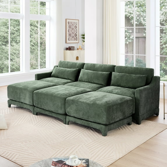 Newest 3-Seater Green Chenille Sofa with Movable Ottomans - Ergonomic Lumbar Pillow & Solid Wood Frame for Studies/Compact Spaces