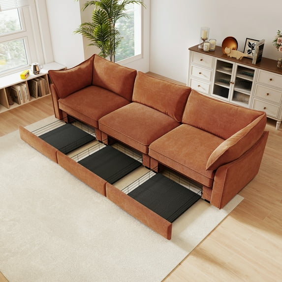Newest 3 Seater Sofa,Storage Pull out Drawers Under Each Seat, ,3 - Seat Large Wide,Deep Seat Sofa,Excellent Storage Space, Suitable for Big Living Rooms, Chenille Orange