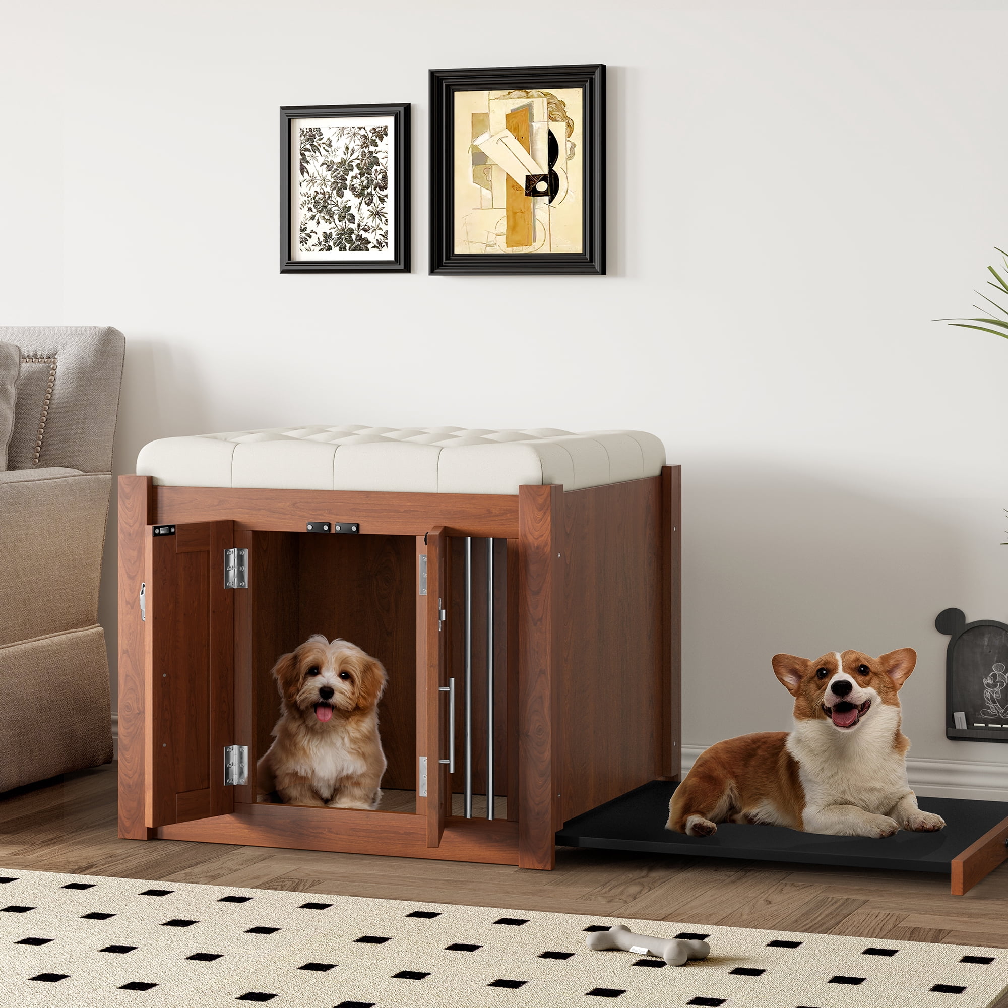 Newest 30.25"L, 2 in 1 Dog Crate with Padded Seat, Sliding Barn Door ...