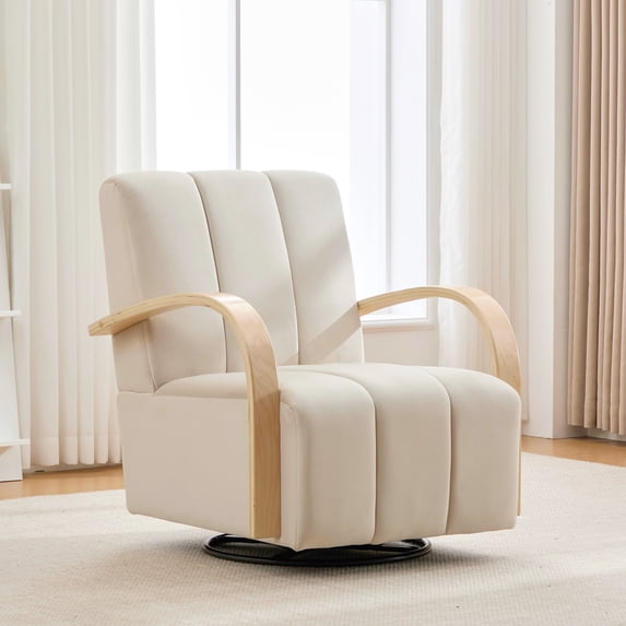 Newest 360° Swivel Accent Chair with Solid Wood Armrests, Channel Tufted PU Lounge Chair & Sinuous Spring,Beige