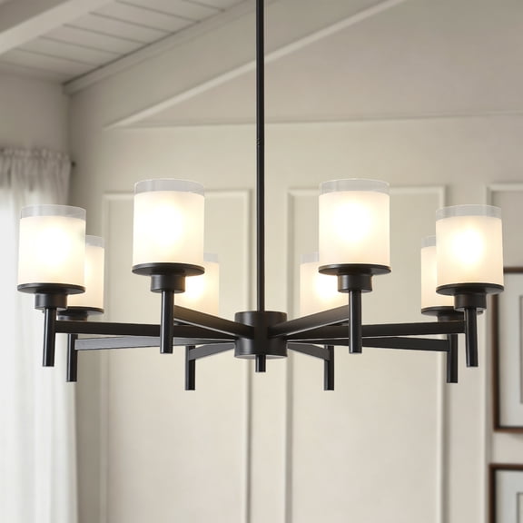 Newest 37.2" 8-Light Matte Black Frosted Glass Farmhouse Chandelier, Adjustable Height Industrial Ceiling Light with E26 Sockets (Bulbs Not Included)