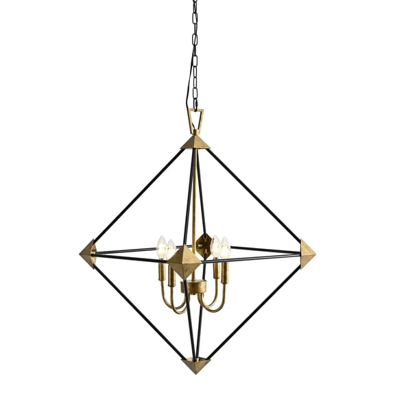 Newest 4-Light Black & Gold Pendant Chandelier, Geometric Metal Lantern for Dining Room Kitchen Island