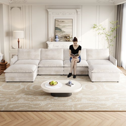 Newest 4-Seater U-Shaped Cloud Couch Set with 2 Ottomans in Corduroy for Social Gathering, Beige