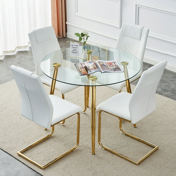 Newest 40 inch Round Glass Dining Table Set with Gold Metal Legs and 4 White PU Chairs, Modern 5-Piece Dining Set