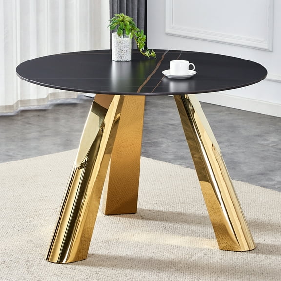 Newest 42" Gold Stainless Steel Round Dining Table, Black Granite Top Table for 4-6 People
