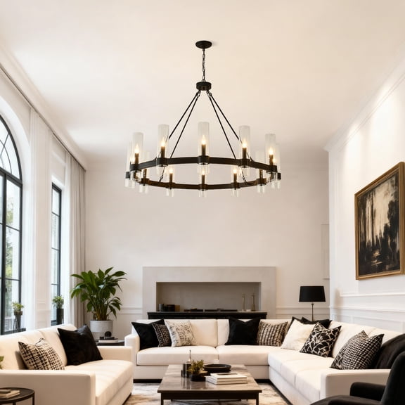 Newest 46 Rustic 12-Light Wagon Wheel Chandelier, Matte Black & Wood for High Ceilings & Spacious Dining Room