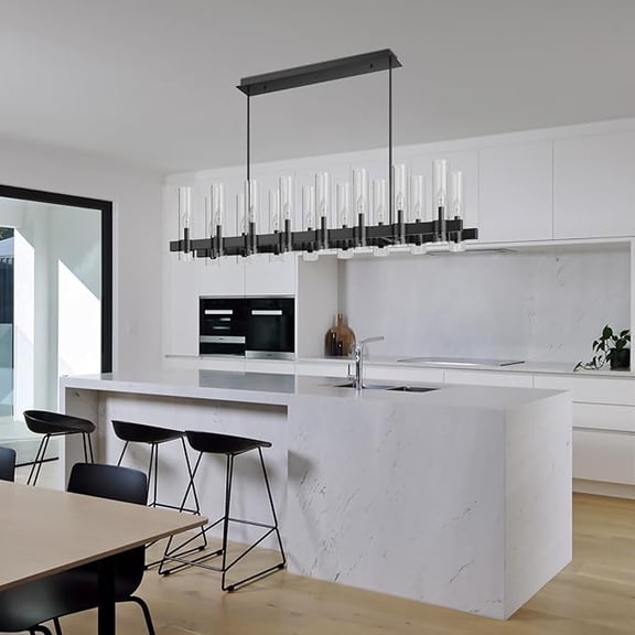 Newest 47 Modern Farmhouse 12-Light Linear Chandelier, Black with Clear Glass for Kitchen Island & Dining Room