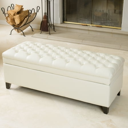 Newest 49.75" Ivory Leather Storage Ottoman - Button Tufted Diamond Stitch Design, Contemporary Bench for Living Room & Foyer​