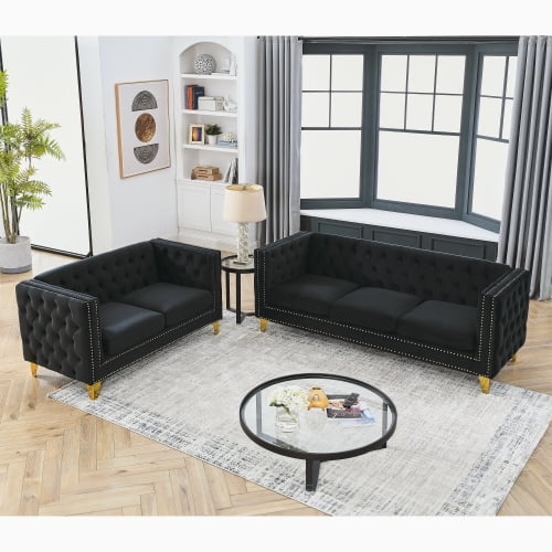 Newest 5-Piece Velvet Sofa Set (3+2 Seater) for Formal Living Room or Entertainment Space, Black