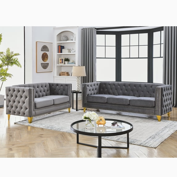 Newest 5-Piece Velvet Sofa Set (3+2 Seater) for Formal Living Room or Entertainment Space,Gray