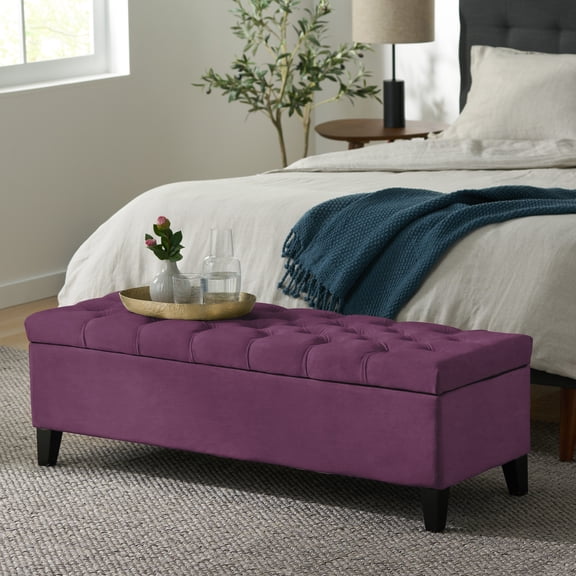 Newest 50.75" Purple Velvet Storage Ottoman - Button Tufted Diamond Stitch, Long Narrow Bench for Entryway & Bedroom