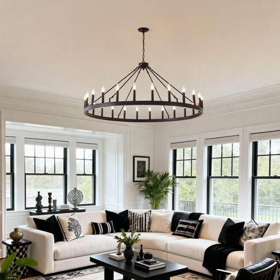 Newest 53 Farmhouse 30-Light Wagon Wheel Chandelier, Matte Black for High Ceilings & Large Living Room