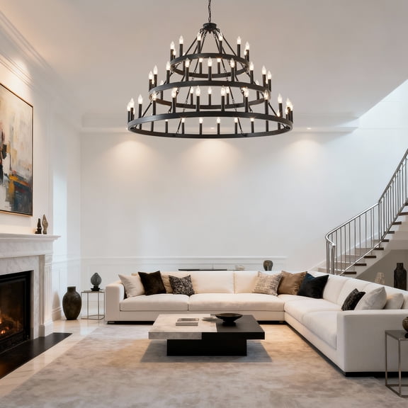 Newest 53 Farmhouse 54-Light 3-Tier Wagon Wheel Chandelier, Black Iron Statement Light for High Ceilings & Grand Foyer