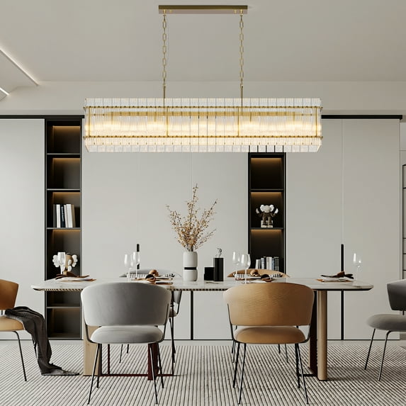 Newest 54” Modern 10-Light Rectangular Water Ripple Crystal Chandelier, Gold Finish for Dining Room & Kitchen Island