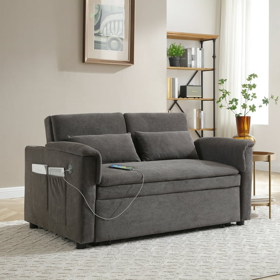 Newest 55" Velvet Two Seater Pull Out Sofa Bed, Adjustable Backrest With USB Ports, Two Side Pockets, 3 in 1 Convertible Sleeper Sofa Bed, 2 waist pillows for living rooms,GREY