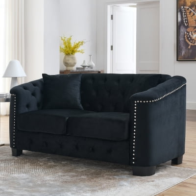 Newest 59" Chesterfield Style Velvet 2-Seater Sofa for Cozy Reading Room or Parlor, Black