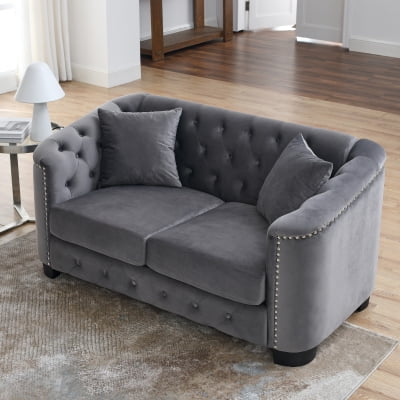 Newest 59" Chesterfield Style Velvet 2-Seater Sofa for Cozy Reading Room or Parlor, Grey