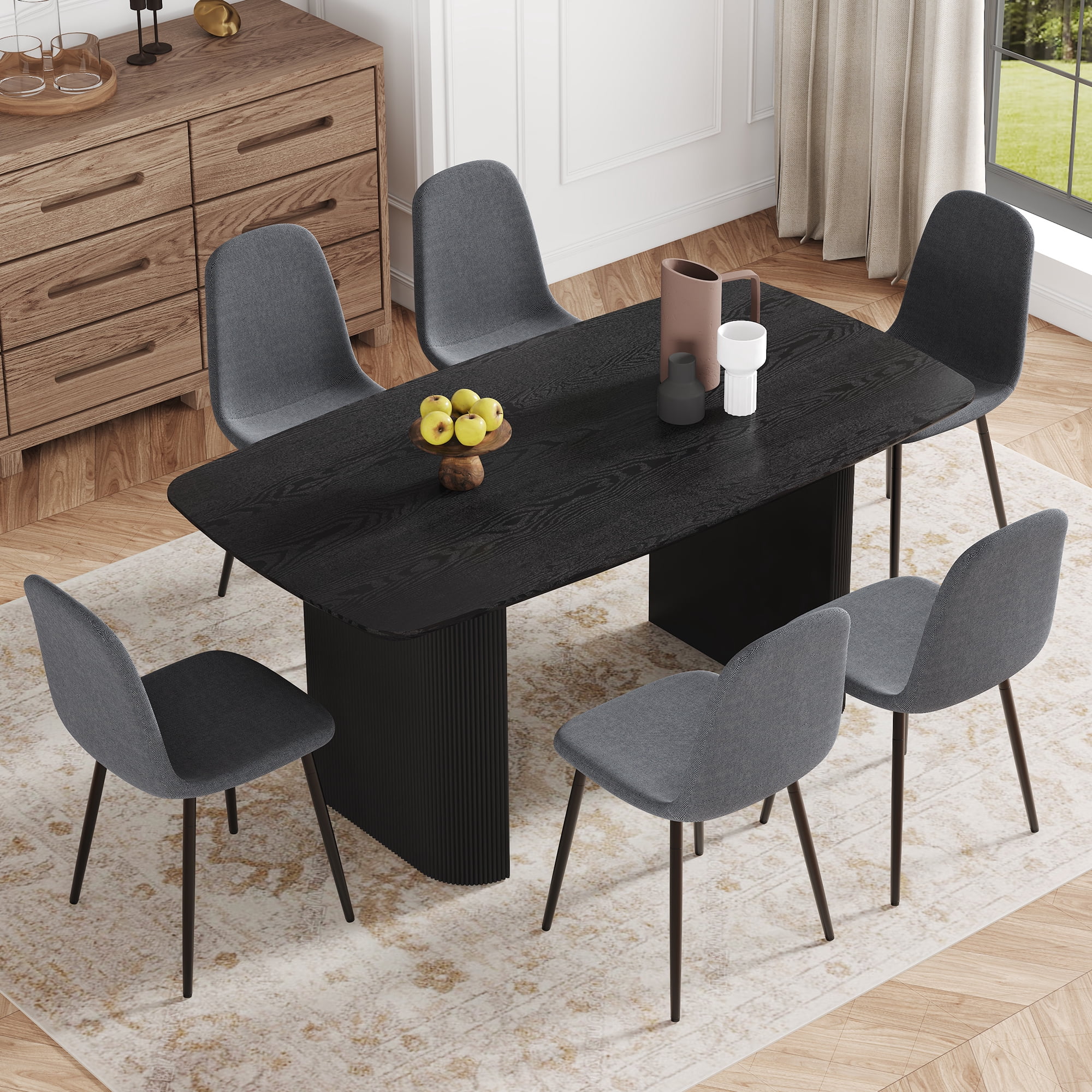 Newest 6-Piece Black Wood Grain MDF Dining Table Set 67x35.4 inch with ...