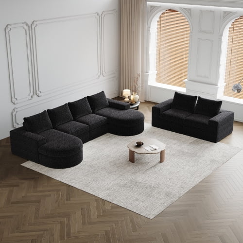 Newest 6-Piece Modular L-Shaped Cloud Couch in Chenille for Customizable Seating,Black