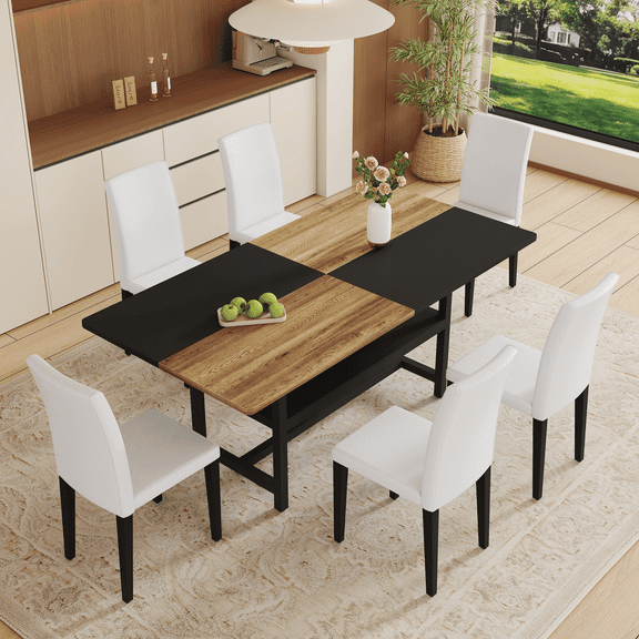 Newest 6-Piece Wood and Black Dining Table Set 71x35.4 inch with Storage and 6 White PU Chairs