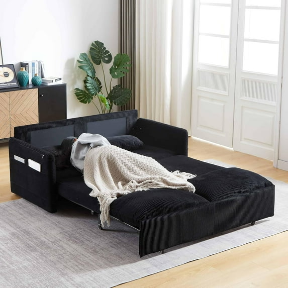 Newest 64.5 Inch Sleeper Sofa Bed 3-in-1 Adjustable Sleeper with Pullout Bed 2 Pillows and Side Pockets Soft Corduroy Convertible Sleeper Sofa Bed for Living Room Bedroom Apartment Office