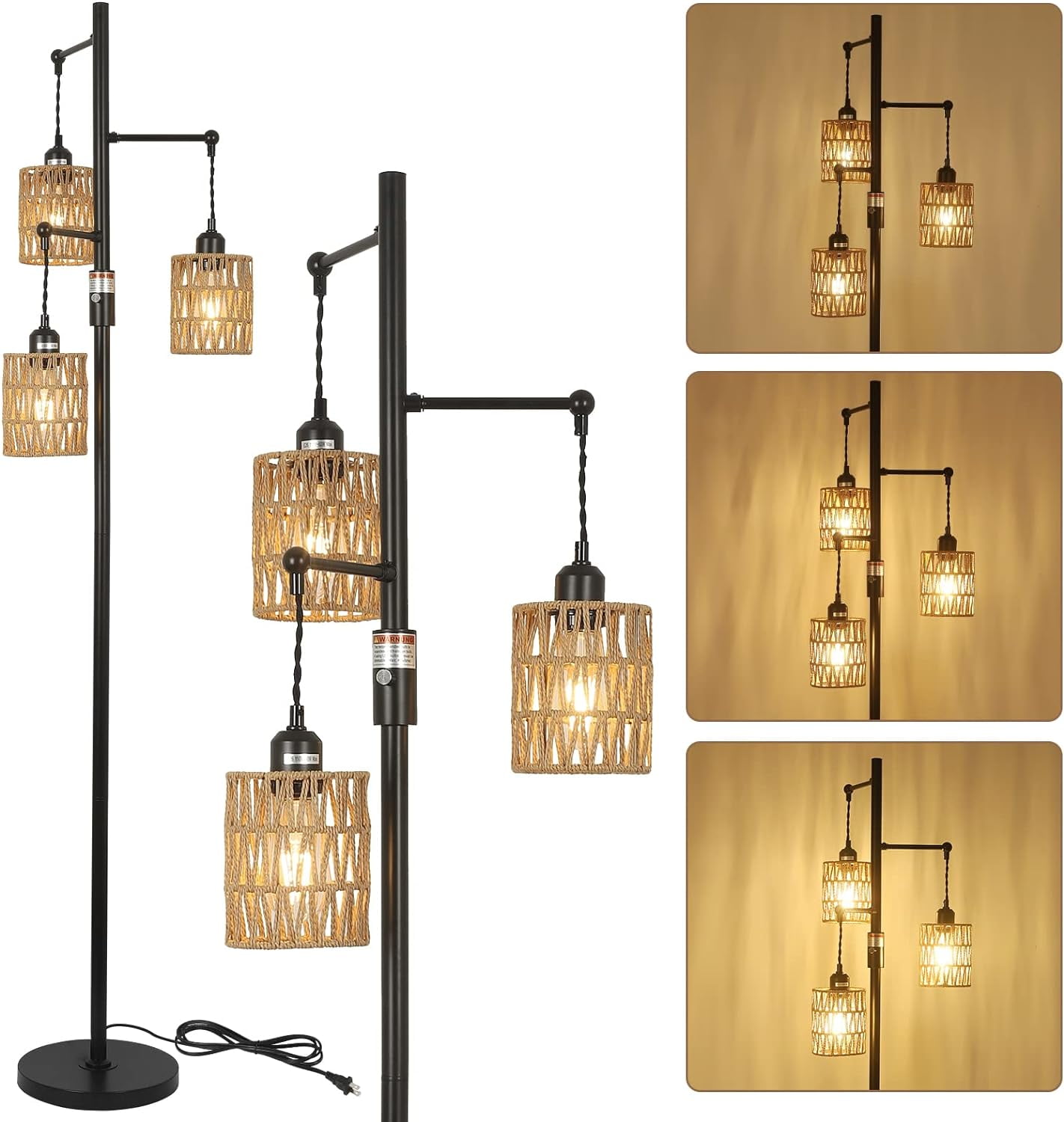 Newest 65” Bohemian 3-Light Rattan Floor Lamp with Stepless Dimmable Switch, Black & Brown for Living Room