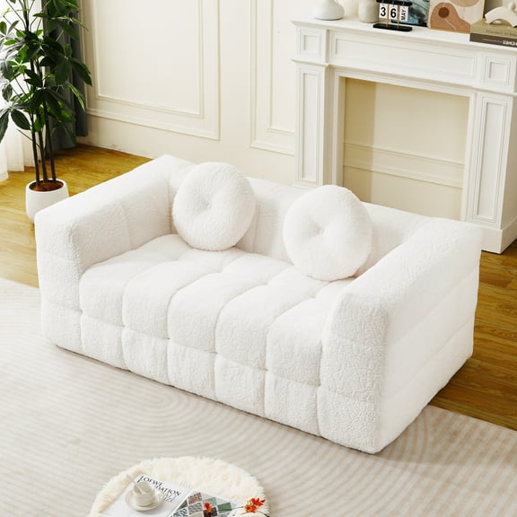 Newest 66.5" Boneless 2-Seater Sofa in Lychee Polyester with 2 Pillows and No Assembly, Beige
