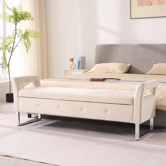 Newest 67.91" Wide Velvet Storage Bench with Armrests, Upholstered Soft Bench for Living Room & Entryway, Beige