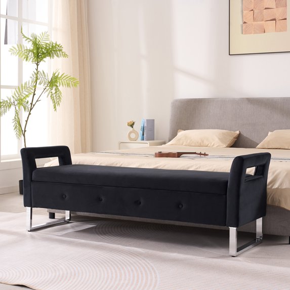 Newest 67.91" Wide Velvet Storage Bench with Armrests, Upholstered Soft Bench for Living Room & Entryway,Black