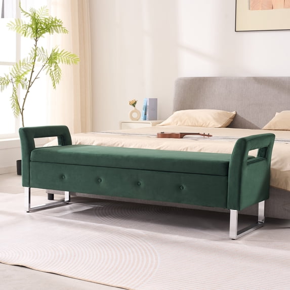 Newest 67.91" Wide Velvet Storage Bench with Armrests, Upholstered Soft Bench for Living Room & Entryway,Green