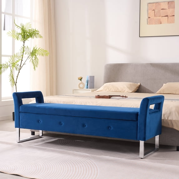 Newest 67.91" Wide Velvet Storage Bench with Armrests, Upholstered Soft Bench for Living Room & Entryway,Navy