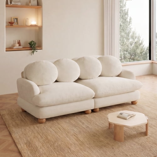 Newest 68" Chenille 2-Seater Loveseat Sofa, Deep Seat Couch with 4 Throw Pillows & Solid Wood Frame for Living Room, Beige