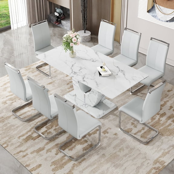 Newest 71" Modern Marble Pattern Dining Set with 8 Light Gray PU Chairs, Tempered Glass Top Table and Silver Metal Legs, 8-Piece Dining Room Set