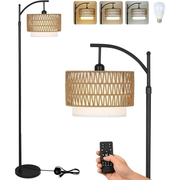 Newest 73” Adjustable Arc Floor Lamp with Remote, Stepless Dimmable E26 LED, Black & Dual Rattan/Fabric Shade