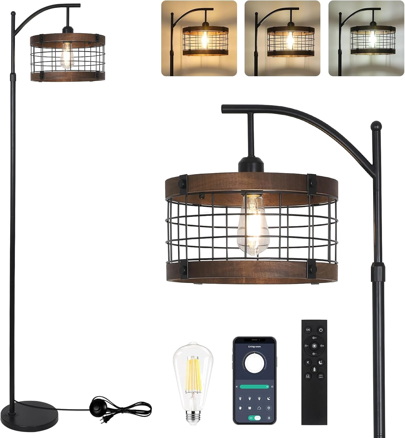 Newest 73” Rustic Farmhouse Arc Floor Lamp with Remote, 3-Color Dimmable LED & Wood/Metal Shade for Living Room