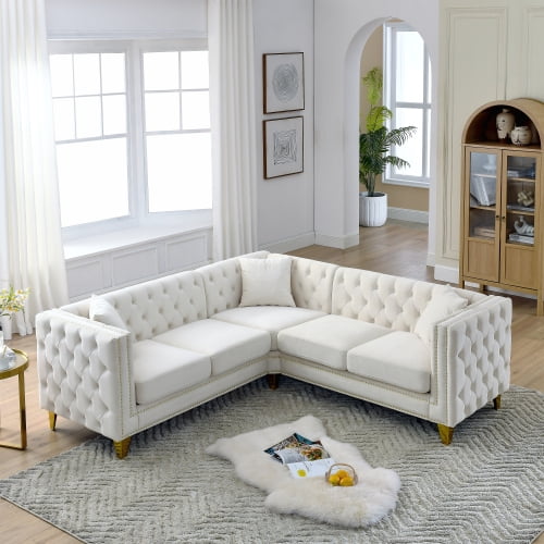 Newest 82.2" Chesterfield Corner Sofa for Lobby Lounge & Home Theater, 5-Seater Velvet Sectional, Beige