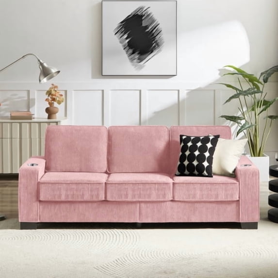 Newest 84" Corduroy 3-Seater Sofa, Pink Modern Couch with Cup Holder Armrests for Living Room & Office