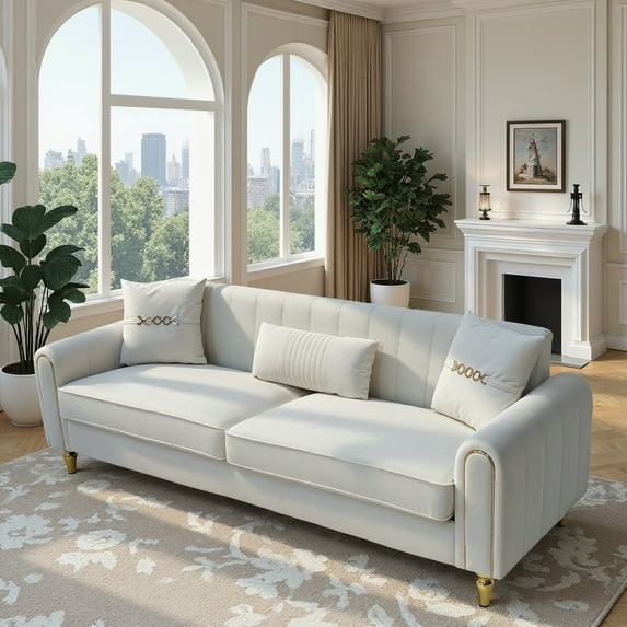 Newest 87.4" Cream White Upholstered Sofa - 3-Seater Couch with Pocket Springs for Living Room & Primary Seating Area