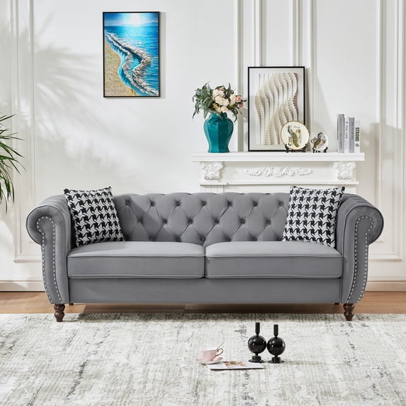 Newest 87"velvet upholstery fabric Sofa with Roll Armrest & Nailhead,Upholstered Mid Century Modern Couch,3 Seater Couch for Living Room, Office, Apartment, Grey