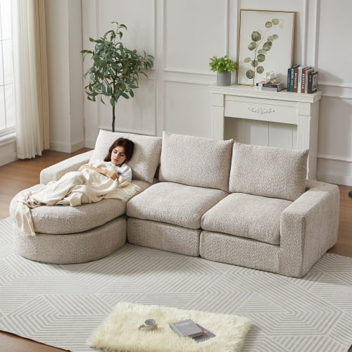 Newest 99" L-Shaped Cloud Couch with Reversible Chaise in Chenille for Flexible Layout, Beige