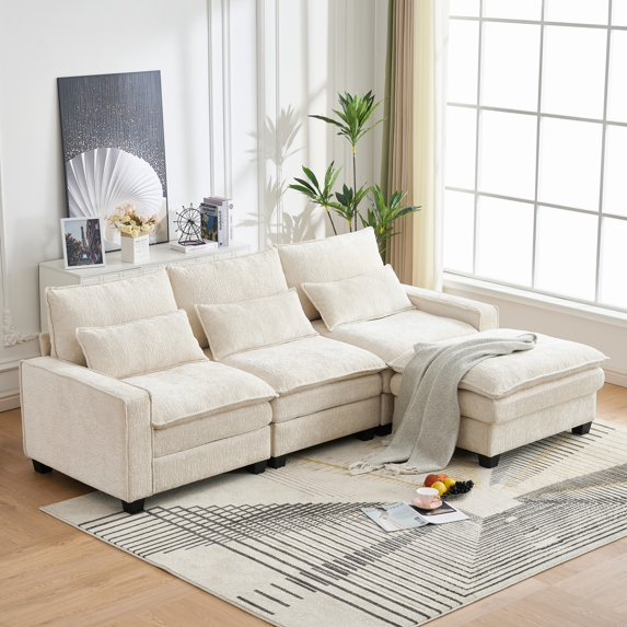 Newest 99'' Sectional Cloud Deep Seat Couch, Modern Comfy Chenille L Shaped Sectional Sofa for Living Room Set, Upholstered 4-Seats Sofa Couch with Movable Ottoman, Beige