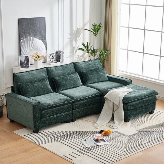 Newest 99'' Sectional Cloud Deep Seat Couch, Modern Comfy Chenille L Shaped Sectional Sofa for Living Room Set, Upholstered 4-Seats Sofa Couch with Movable Ottoman,Green