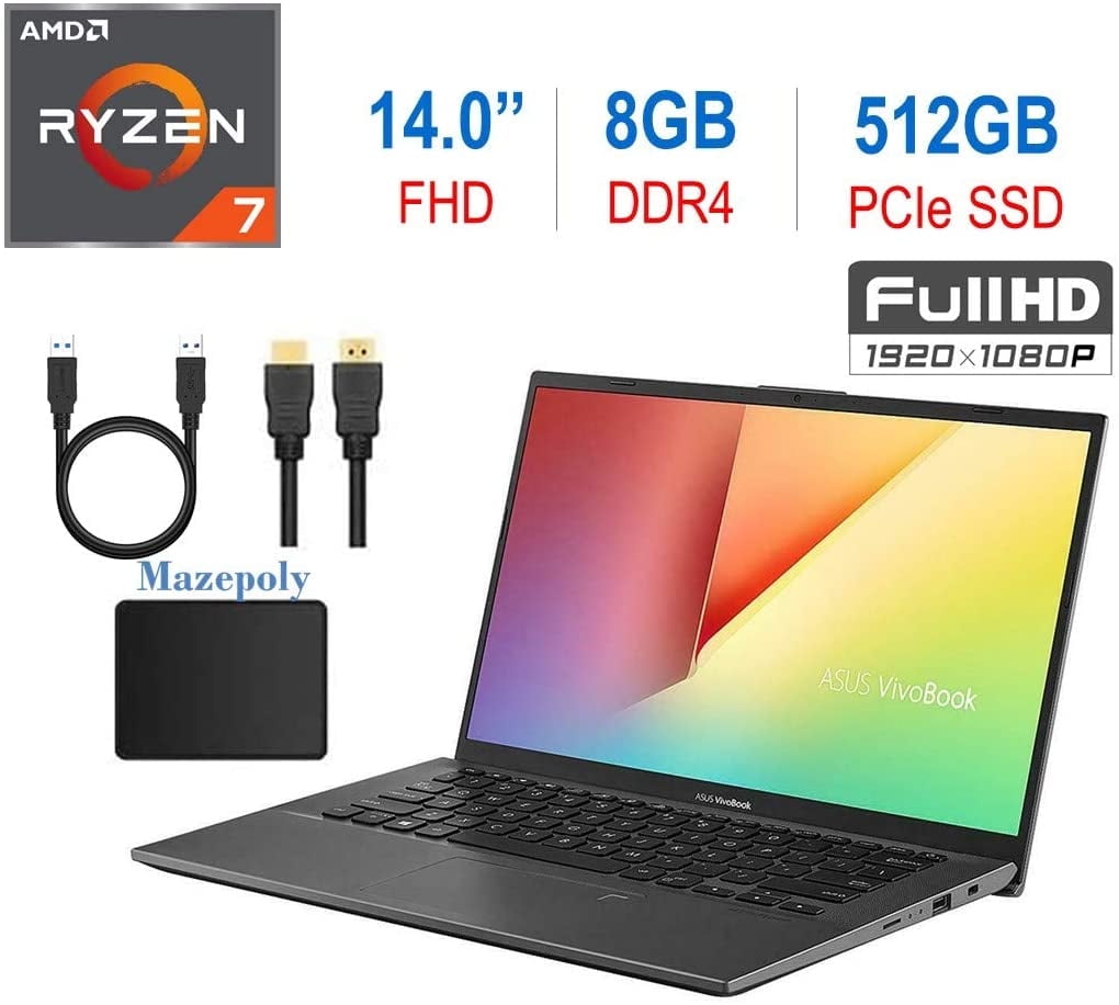 Newest ASUS VivoBook 14-inch FHD 1080p Laptop PC, AMD Ryzen 7 3700U, 8GB DDR4, 512GB PCIe SSD, Fingerprint Reader, Backlit Keyboard, AMD Radeon RX Vega 10 Graphics, W10 Home w/Mazepoly Accessories