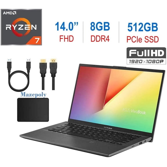 Newest ASUS VivoBook 14-inch FHD 1080p Laptop PC, AMD Ryzen 7 3700U, 8GB DDR4, 512GB PCIe SSD, Fingerprint Reader, Backlit Keyboard, AMD Radeon RX Vega 10 Graphics, W10 Home w/Mazepoly Accessories
