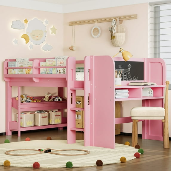 Newest All-in-One Kids Storage & Study Solid Wood Twin Low Loft Bed with Desk and Blackboard,Pink