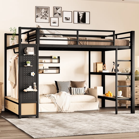 Newest All-in-One Storage Metal Full Size Loft Bed with Wardrobe and Shelves, Includes Desk and Pegboard, Black